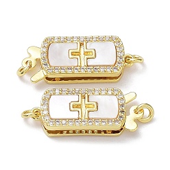 Real 18K Gold Plated Rack Plating Brass Micro Pave Clear Cubic Zirconia Box Clasps, with Natural Shell, 1-Strand, 2-Hole, Long-Lasting Plated, Lead Free & Cadmium Free, Rectangle with Cross, Real 18K Gold Plated, 21x8.5x4mm, Hole: 1.2mm