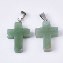 Green Aventurine Natural Green Aventurine Pendants, with Stainless Steel Peg Bails, Cross, Stainless Steel Color, 28~30x18x6mm, Hole: 7x3.5mm