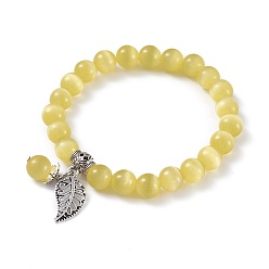 Yellow Cat Eye Round Bead Stretch Charm Bracelets, with Zinc Alloy Findings, Leaf, Antique Silver, Yellow, 2 inch(5cm)