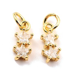Clear Brass Cubic Zirconia Charms, Real 18K Gold Plated, Cadmium Free & Lead Free, Double Star, Clear, 12x5x3mm, Hole: 3.8mm
