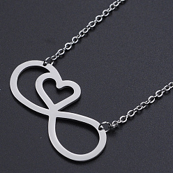 Stainless Steel Color 201 Stainless Steel Pendant Necklaces, with Cable Chains and Lobster Claw Clasps, Infinity with Heart, Stainless Steel Color, 17.32 inch(44cm), 2mm, Infinity: 17.5x40x1mm