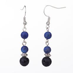 Lapis Lazuli Frosted Dyed Natural Lapis Lazuli Dangle Earrings, with Natural Lava Rock Beads, Brass Earring Hooks and Alloy & Iron Findings, 51mm, Pin: 0.6mm