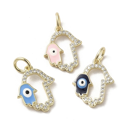 Brass Micro Pave Cubic Zirconia Pendants, with Enamel, with Jump Ring, Real 18K Gold Plated, Hamsa Hand/Hand of Miriam with Evil Eye