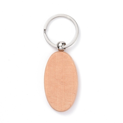 Porte-clés en bois naturel, avec porte-clés fendus en fer plaqué platine, ovale