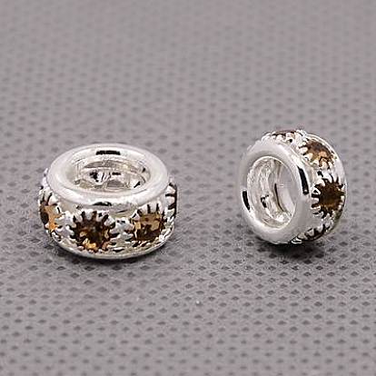 Brass Rhinestone European Beads, Large Hole Beads, Grade A, Rondelle, Silver Color Plated, 10x5~6mm, Hole: 5mm
