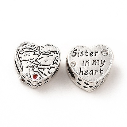 Rack Plating Alloy Enamel European Beads, with Rhinestone, Large Hole Beads, Heart with Grils & Word Sister in My Heart