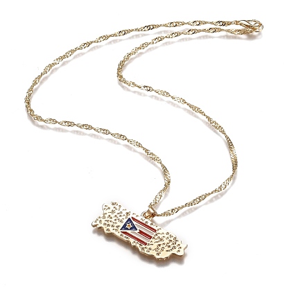 Alloy Enamel Pendant Necklaces, with Singapore Chains, Water Wave Chains, Puerto Rico Map, Red