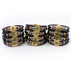 Braided Leather Cord Retro Multi-strand Bracelets, with Wood Beads, Hematite Beads and Alloy Findings, Flat Round with Constellation, Antique Bronze