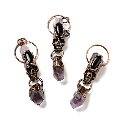 Natural Amethyst & Black Onyx Nuggets Big Pendants, Large Hole Pendants, with Red Copper Tone Brass Findings, Cadmium Free & Lead Free, Skull with Bullet, Mixed Dyed and Undyed
