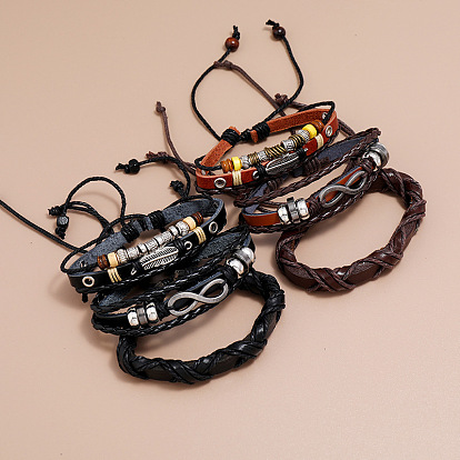 3Pcs 3 Style Leather Cord Bracelets Set, Alloy Feather & Infinity Links Adjustable Bracelets with Waxed Cords