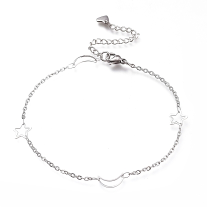 304 Stainless Steel Cable Chain Anklets, with Moon & Star Links and Lobster Claw Clasps