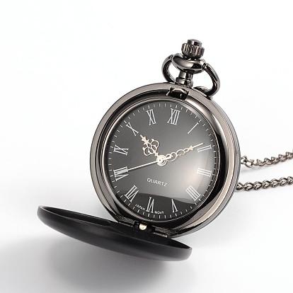 Relojes redondos planos de bolsillo de cuarzo de aleación, con cadenas de hierro y los corchetes de la garra de la langosta, 32.2 pulgada, Cabeza del reloj: 57x41x14 mm, cara del reloj: 32 mm