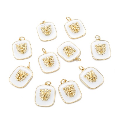 Real 18K Gold Plated Brass Enamel Pendants, with Jump Rings, Long-Lasting Plated, Rectangle with Lion