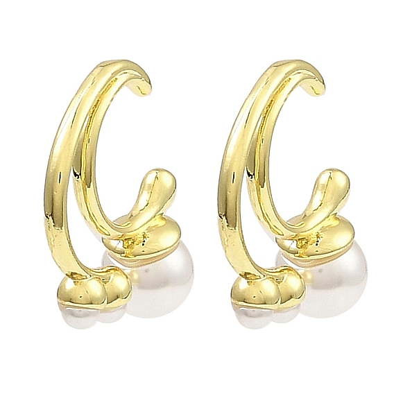 Rack Plating Brass Cuff Earrings with Plastic Pearl Beaded, Long-Lasting Plated, Lead Free & Cadmium Free