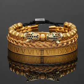 Men's Leopard Head Braided Bracelet and Roman Alphabet Stainless Steel Bracelet Set