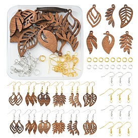 DIY Leaf Earring Making Kit, Including Natural Walnut Wood Pendants, Brass Jump Rings, Iron Earring Hooks