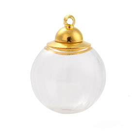 Glass Bottle Pendants, with 
Brass Cap, Wish Bottle Pendant, Refillable Bottle Pendant, Round, Golden