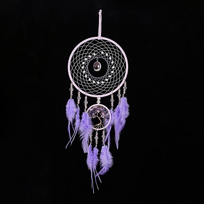 Toile/filet tissé en fil de fer et de laiton avec des décorations de pendentifs en plumes, avec du plastique, améthyste et perles de verre, recouvert d'un cordon en cuir, plat rond et arbre de vie