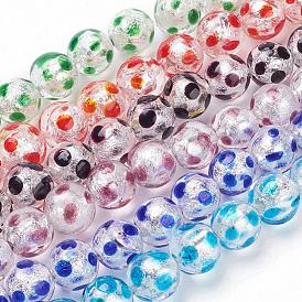 Handmade Silver Foil Lampwork Beads Strands, Round, Polka Dot Pattern