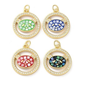 Brass Micro Pave Clear Cubic Zirconia Pendants, with Enamel, Shell and Jump Ring, Real 18K Gold Plated, Flat Round with Bear
