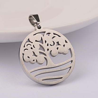 Ion Plating(IP) 304 Stainless Steel Pendants, Flat Round with Tree, 27x25x2mm, Hole: 6x4mm