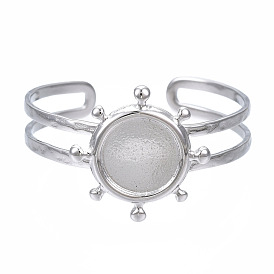 304 Stainless Steel Open Cuff Finger Ring Cabochon Settings, Flat Round