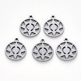 304 Stainless Steel Pendants, Laser Cut, Flat Round with Sun