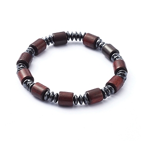 Bracelets élastiques, avec colonne de perles en bois naturel et perles d'hématite synthétique non magnétique