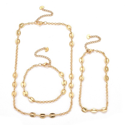 Brass Rolo Chains & Coffee Bean Chain Necklaces, with 304 Stainless Steel Lobster Claw Clasps