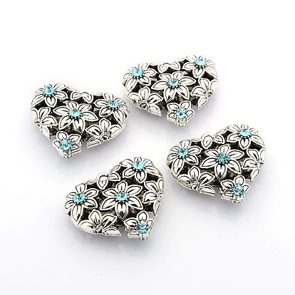 Antique Silver Plated Alloy Rhinestone Heart Pendants, 35x40x14mm, Hole: 3mm