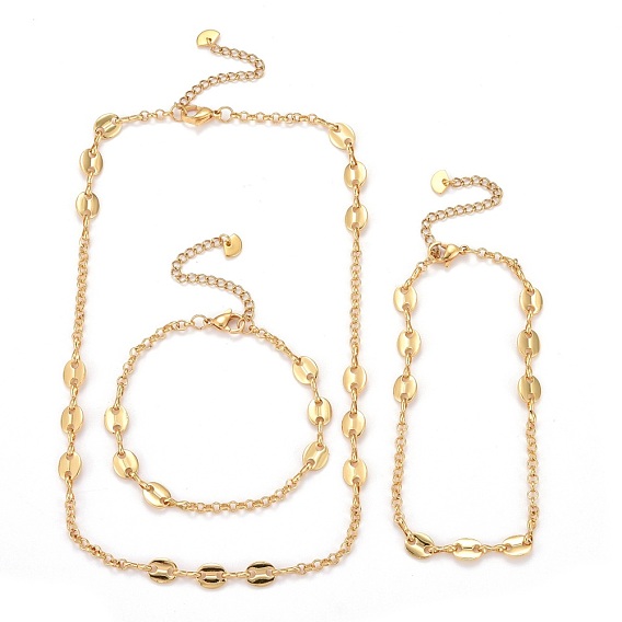 Brass Rolo Chains & Coffee Bean Chain Necklaces, with 304 Stainless Steel Lobster Claw Clasps