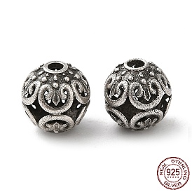 925 Sterling Silver Beads, Hollow Round with Flower