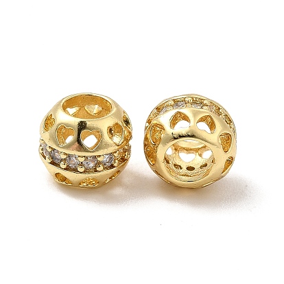 Perles de style européen en laiton creux micro pavé de zircone cubique transparente, Perles avec un grand trou   , ronde