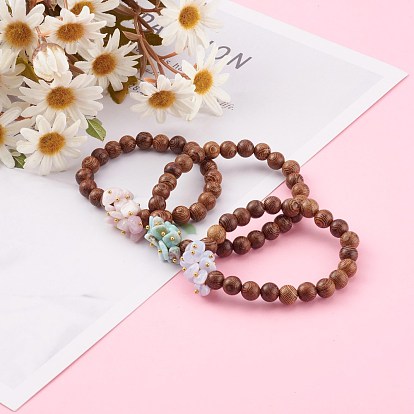 Ensembles de bracelets extensibles en perles de bois naturel rondes, avec des perles de dentelle bleue naturelle en agate/larimar/kunzite