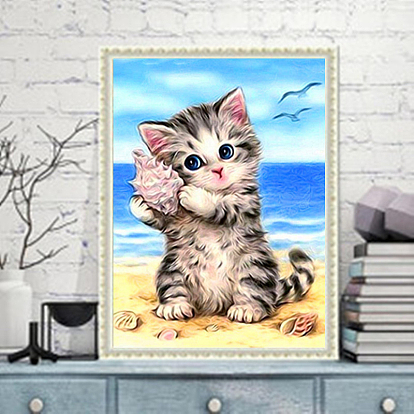 Kits de peinture de diamant de chat diy, y compris la toile, strass de résine, stylo collant diamant, plaque de plateau et pâte à modeler, cat