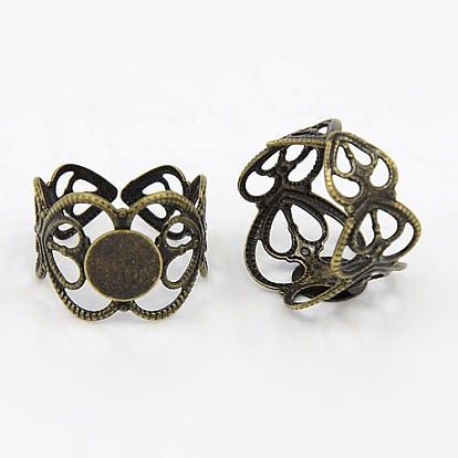 Laiton réglable tiges anneau, accessoires de bague en filigrane, ronde, plateau: 8 mm, 17 mm