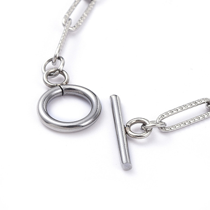 304 Stainless Steel Textured Paperclip Chain Bracelets, with Toggle Clasps