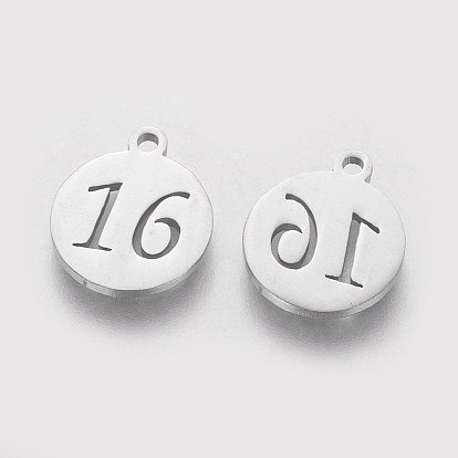 201 Stainless Steel Pendants, Flat Round with Number 16