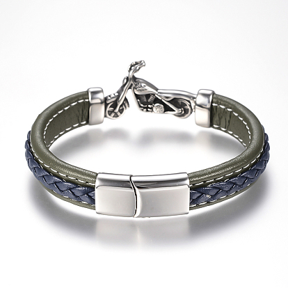 Tressés bracelets cordon en cuir pour hommes, avec 304 accessoires en acier inoxydable et les fermoirs magnétiques, moto