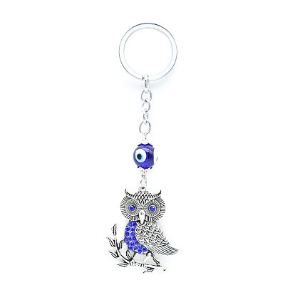 Owl Blue Evil Eye Alloy Rhinestone Pendant Keychain, for Key Bag Car Pendant Decoration