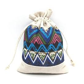 Ethnic Style Linenette Drawstring Bags, Rectangle with Wave Pattern