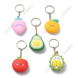Fruit Theme PVC Pendants Keychain, with Iron Split Key Rings, Apple/Orange/Durian/Avocado/Strawberry