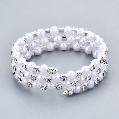 Pulseras de envoltura de hierro de tres bucles, Con diamantes de imitación y abs imitación de perlas de plástico., Platino