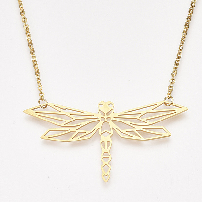 201 Stainless Steel Pendant Necklaces, with Cable Chains, Dragonfly