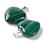Natural Malachite Pendants, Heart Charms, with Platinum Plated 925 Sterling Snap on Bails