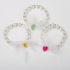 Acrylic Round Beaded Kids Stretch Bracelets, with Glass Heart Beads and Ribbon, Platinum Metal Color, 45mm