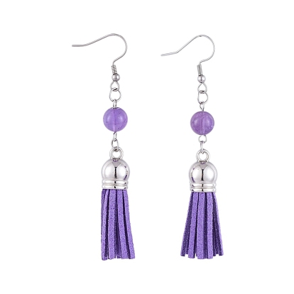 Faux Suede Tassel Dangle Earrings, with Natural Gemstone Beads and 304 Stainless Steel Earring Hooks