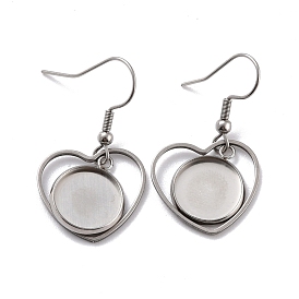 201 Stainless Steel Earring Hooks, with Heart Blank Pendant Trays, Flat Round Setting for Cabochon