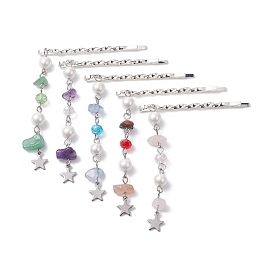 Natural Gemstone Chip & Pearl Hair Bobby Pin, Star 304 Stainless Steel Charm Pin for Women Girls