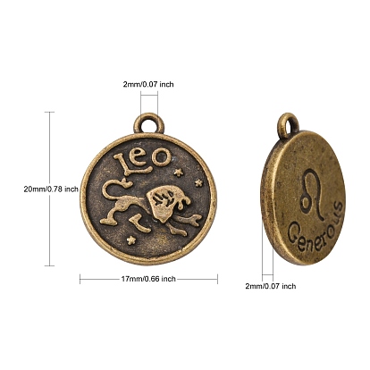 Tibetan Style Alloy Pendants, Cadmium Free & Lead Free, Flat Round with Mixed Constellation/Zodiac Sign, 20x17x2mm, Hole: 2mm, about 175pcs/500g